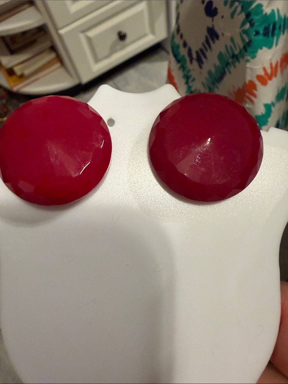 Bold Faceted glass  Round Statement Earrings - Red clip vintage